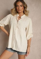 Beżowa Koszula z Wiskozą i Perełkami Tanathiel. Brązowe koszule damskie Renee, z aplikacjami, z jeansu, eleganckie, bez kołnierzyka, bez ramiączek. Za 64.99 zł.