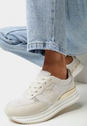 Beżowe Brokatowe Sneakersy na Piankowej Podeszwie Takamas. Brązowe obuwie sportowe damskie Born2be, z jeansu, bez zapięcia, trekkingowe. Za 109.99 zł.