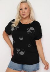 Czarny T-shirt z Bawełny Wykończony Cyrkoniami Krissianne. Czarne t-shirty damskie Born2be, l, z aplikacjami, z bawełny, bez kołnierzyka. Za 19.99 zł.