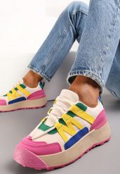 Fuksjowe Sznurowane Płaskie Sneakersy z Kolorowymi Wstawkami z Ekoskóry Wonise. Brązowe obuwie sportowe damskie Renee, na jesień, przed kostkę, bez zapięcia. Za 99.99 zł.