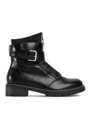DeeZee Botki WS5169-01 Czarny. Czarne botki damskie DeeZee, ze skóry, bez obcasa, na płaskiej podeszwie, bez zapięcia. Za 119.99 zł.