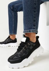 Czarne Sznurowane Sneakersy na Grubej Podeszwie z Ozdobnym Wzorem Tannai. Czarne obuwie sportowe damskie Born2be, bez zapięcia. Za 69.99 zł.