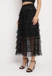 Czarna Spódnica Maxi o Rozkloszowanym Fasonie Ozdobiona Falbankami i Cekinami Meepa. Czarne spódnice damskie Born2be, m, bez wzorów, z materiału, maxi. Za 79.99 zł.
