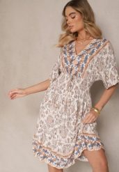 Ciemnobeżowa Wiskozowa Sukienka w Ornamentalny Print z Szeroką Gumką w Talii Danissna. Brązowe sukienki damskie Renee, bez wzorów, z wiskozy, eleganckie, bez ramiączek. W wyprzedaży za 55.99 zł.