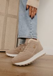 Ciemnobeżowe Sneakersy na Platformie z Futerkiem Egiapia. Brązowe obuwie sportowe damskie Born2be, z jeansu, bez zapięcia. Za 89.99 zł.