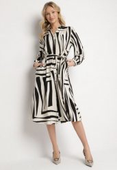 Czarna Sukienka Koszulowa z Wiskozą w Geometryczny Wzór Wiązana w Talii Ninalora. Czarne sukienki damskie Born2be, bez wzorów, z wiskozy, eleganckie, bez ramiączek. W wyprzedaży za 118.99 zł.