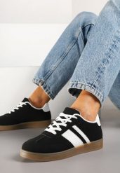 Czarne Sneakersy Typu Tenisówki Ozdobione Paskami Amolana. Czarne obuwie sportowe damskie Renee, z jeansu, bez zapięcia, tenisowe. Za 74.99 zł.