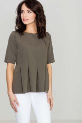 Elegancka Oliwkowa Bluzka z Kontrafałdami z Przodu. Zielone bluzki damskie Katrus, m, bez wzorów, z materiału, eleganckie, bez kołnierzyka, bez ramiączek. Za 199.00 zł.