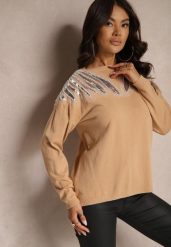 Ciemnobeżowy Sweter z Wiskozą Ozdobiony Koralikami i Cekinami Nevarita. Brązowe swetry klasyczne damskie Renee, na zimę, m, z wiskozy, bez kołnierzyka. Za 79.99 zł.