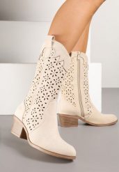 Beżowe Botki Kowbojki na Słupku z Ażurową Cholewką Ravsemi. Brązowe botki damskie Renee, z jeansu, bez obcasa, na obcasie, bez zapięcia. Za 149.99 zł.