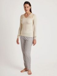 Calida Wełniana koszulka w kolorze beżowym rozmiar: L. Brązowe koszulki damskie Calida, l, bez wzorów, z koronki, bez kołnierzyka, bez ramiączek. Za 170.87 zł.