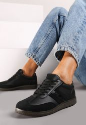 Czarne Casualowe Sneakersy z Geometrycznymi Wzorami i Kontrastowymi Przeszyciami Riandrea. Czarne obuwie sportowe damskie Renee, z materiału, bez zapięcia. Za 59.99 zł.