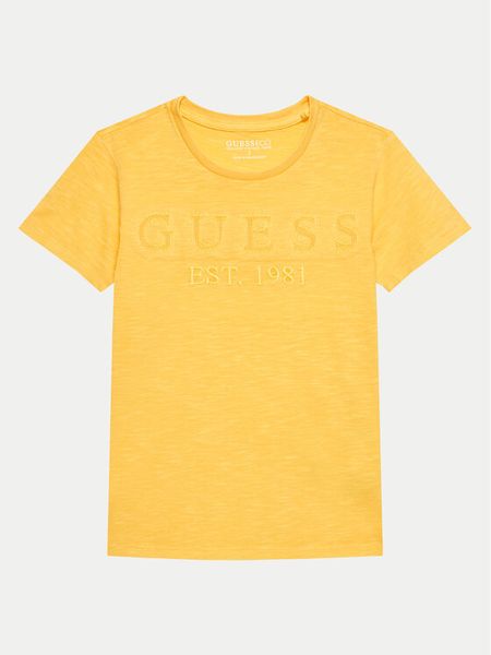 Guess T-Shirt L4GI09 K6XN4 Żółty Regular Fit. Żółte t-shirty i koszulki chłopięce Guess, z aplikacjami, z bawełny, bez kołnierzyka, bez ramiączek. Za 79.99 zł.