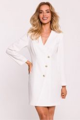 Elegancka sukienka żakietowa z dekoltem V i guzikami ecru. Sukienki damskie MOE, bez wzorów, eleganckie, bez ramiączek. Za 399.00 zł.