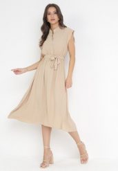 Beżowa Midi Sukienka Zapinana na Guziki z Wiązanym Paskiem Alyssama. Brązowe sukienki damskie Born2be, bez wzorów, z materiału, bez ramiączek. Za 119.99 zł.