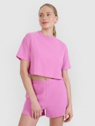 4F T-shirt crop top z waflowej dzianiny damski - różowy XL. Czerwone t-shirty damskie 4F, xl, bez wzorów, z bawełny, bez kołnierzyka. W wyprzedaży za 49.99 zł.