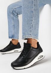 Czarno-Białe Sznurowane Sneakersy z Ekoskóry na Miękkiej Podeszwie Lenise. Czarne obuwie sportowe damskie Born2be, bez zapięcia. Za 89.99 zł.