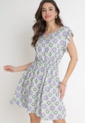 Zielono-Fioletowa Bawełniana Sukienka Mini z Gumką w Talii Caara. Zielone sukienki damskie Born2be, bez wzorów, z bawełny, bez ramiączek. Za 79.99 zł.