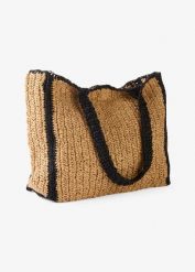 Słomkowa torba typu shopper z kontrastowymi detalami. Brązowe shopper bag bonprix, bez wzorów, bez dodatków. Za 74.99 zł.