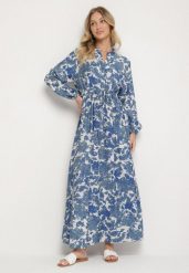 Niebieska Rozkloszowana Sukienka z Wiskozą w Kwiatowy Wzór Filirelle. Niebieskie sukienki damskie Born2be, bez wzorów, z wiskozy, eleganckie, bez ramiączek. W wyprzedaży za 110.49 zł.