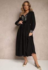 Czarna Sukienka Rozkloszowana z Wiskozą Zdobiona Haftem i Wiązana w Talii Ninalisa. Czarne sukienki damskie Renee, z aplikacjami, z wiskozy, eleganckie, bez ramiączek. W wyprzedaży za 127.99 zł.