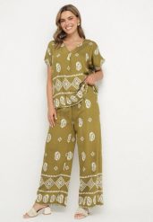Zielono-Biały Bawełniany Komplet Koszula i Szerokie Spodnie w Stylu Boho Ollirive. Zielone koszule damskie Born2be, na lato, l, z aplikacjami, z bawełny, boho, bez kołnierzyka, bez ramiączek. Za 64.99 zł.
