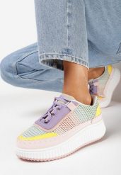 Różowo-Fioletowe Sneakersy na Platformie z Ozdobnymi Przeszyciami Wedima. Czerwone obuwie sportowe damskie Born2be, bez zapięcia. Za 109.99 zł.