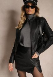 Czarna Kurtka Ramoneska o Taliowanym Motocyklowym Kroju ze Stójką Delorine. Czarne kurtki damskie Renee, l, bez wzorów, z materiału, bez kaptura. Za 109.99 zł.