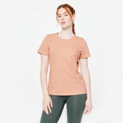 Koszulka z krótkim rękawem damska Domyos Gym & Pilates. Bluzki damskie DOMYOS, xl, bez wzorów, z bawełny, bez kołnierzyka, bez ramiączek. Za 19.99 zł.