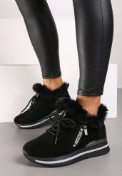 Czarne Sneakersy na Płaskiej Podeszwie z Napisem i Futerkiem Taricea. Czarne obuwie sportowe damskie Renee, z jeansu, bez zapięcia. Za 99.99 zł.