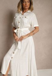 Biała Sukienka z Lnu i Wiskozy o Koszulowym Fasonie Weolara. Białe sukienki damskie Renee, bez wzorów, z materiału, eleganckie, bez ramiączek. W wyprzedaży za 111.99 zł.