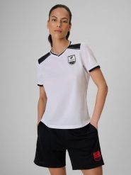 4F Koszulka piłkarska regular szybkoschnąca damska - biała L. Białe koszulki sportowe damskie 4F, l, bez wzorów, z materiału, bez ramiączek, na fitness i siłownię. Za 119.99 zł.