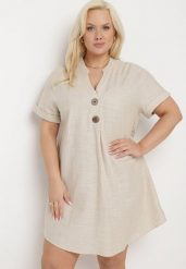Beżowa Sukienka z Lnem Pudełkowa z Krótkim Rękawem i Guzikami Effienu. Brązowe sukienki damskie Born2be, bez wzorów, z materiału, eleganckie, bez ramiączek. Za 129.99 zł.