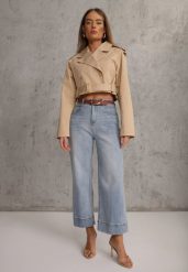 Niebieskie Szerokie Jeansy z Bawełną High Waist Ozdobione Przeszyciami Timolis. Niebieskie jeansy damskie Renee, z podwyższonym stanem. Za 119.99 zł.