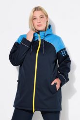 Damskie Długa kurtka softshell hydrofobowa 2-kierunkowy zamek błyskawiczny. Niebieskie kurtki sportowe damskie Ulla Popken, m, bez wzorów, z materiału, z kapturem. Za 599.99 zł.