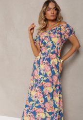 Niebiesko-Różowa Sukienka z Bawełny z Gumką w Talii Baletta. Niebieskie sukienki damskie Renee, bez wzorów, z bawełny, bez ramiączek. W wyprzedaży za 55.99 zł.