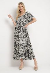 Szaro-Biała Wiskozowa Sukienka z Krótkim Rękawem i Falbanką Cindabella. Szare sukienki damskie Born2be, bez wzorów, z wiskozy, eleganckie, bez ramiączek. Za 89.99 zł.