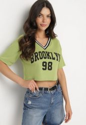 Zielony Bawełniany T-shirt z Napisem Nitanelia. Zielone t-shirty damskie Born2be, m, bez wzorów, z bawełny, bez kołnierzyka. Za 29.99 zł.