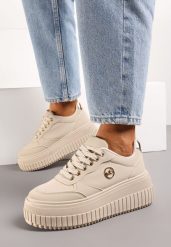 Jasnobeżowe Sneakersy na Platformie z Tłoczeniem i Metaliczną Wstawką Alcyhen. Brązowe obuwie sportowe damskie Born2be, z jeansu, bez zapięcia. Za 84.99 zł.