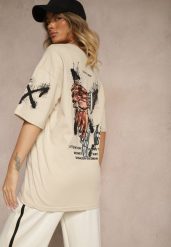 Ciemnobeżowa Koszulka Oversize z Bawełny Zdobiona Nadrukiem Nilravia. Brązowe bluzki damskie Renee, m, z aplikacjami, z bawełny, bez kołnierzyka, bez ramiączek. Za 39.99 zł.