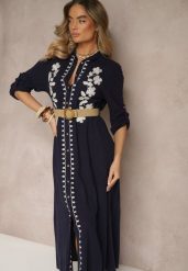Niebieska Wiskozowa Sukienka z Lnem o Koszulowym Kroju z Haftem i Paskiem Sadoreme. Niebieskie sukienki damskie Renee, z aplikacjami, z materiału, boho, bez ramiączek. W wyprzedaży za 111.99 zł.