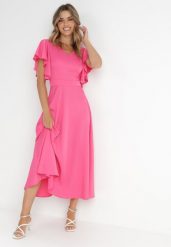Fuksjowa Rozkloszowana Sukienka Zdobiona Falbanami Emilienne. Czerwone sukienki damskie Born2be, z aplikacjami, z jeansu, eleganckie, bez ramiączek. Za 209.99 zł.