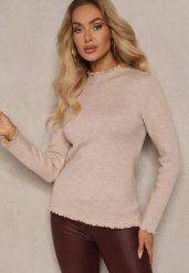 Ciemnobeżowy Sweter z Wełną przy Dekolcie Ozdobiony Falbanką Seatoria. Brązowe swetry klasyczne damskie Renee, z jeansu, bez kołnierzyka. Za 79.99 zł.