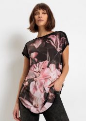 T-shirt z nadrukiem, z miękkiej mieszanki wiskozy. Czarne t-shirty damskie bonprix, bez wzorów, z wiskozy, bez kołnierzyka. Za 79.99 zł.