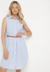 Jasnoniebieska Koszulowa Sukienka Bez Rękawów z Bawełny z Paskiem z Klamrą Mepea. Niebieskie sukienki damskie Born2be, bez wzorów, z bawełny, eleganckie, bez ramiączek. Za 119.99 zł.