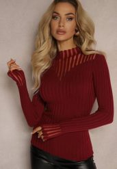 Bordowy Golf z Prześwitującymi Wstawkami Nirelle. Czerwone golfy damskie Renee, z aplikacjami, z dzianiny, bez ramiączek. Za 49.99 zł.