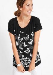 T-shirt z nadrukiem. Czarne t-shirty damskie bonprix, bez wzorów, bez kołnierzyka. Za 59.99 zł.