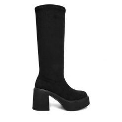 Kozaki DeeZee. Czarne kozaki damskie DeeZee, bez obcasa, na słupku, bez zapięcia. Za 219.99 zł.