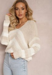 Beżowy Dzianinowy Sweter w Paski Hlenora. Brązowe swetry klasyczne damskie Renee, z dzianiny, bez kołnierzyka. Za 69.99 zł.