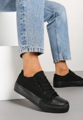 Czarne Casualowe Trampki na Platformie ze Sznurowaniem Ravathra. Czarne trampki damskie Renee, bez wzorów, z materiału, bez zapięcia. Za 49.99 zł.